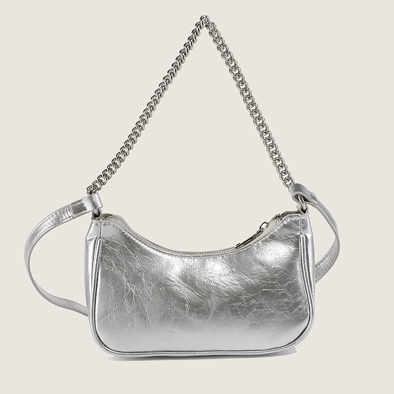 Women's tide silver -colored underarms, shoulder hand -handed bags, commute fashion versatile chain, cross -body bag
